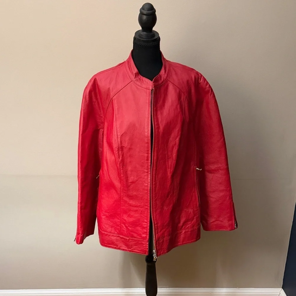 Red Leather Jacket Plus Size 24W JL Studio for Jessica London Zip Front